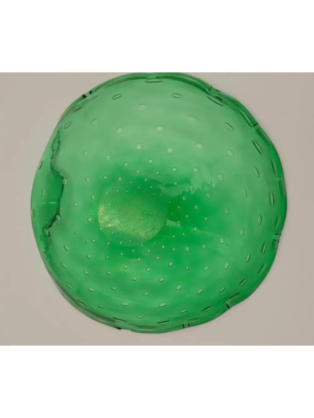 Vintage Green Controlled Bubble Art Glass Bowl Murano Style Scalloped Candy Dish